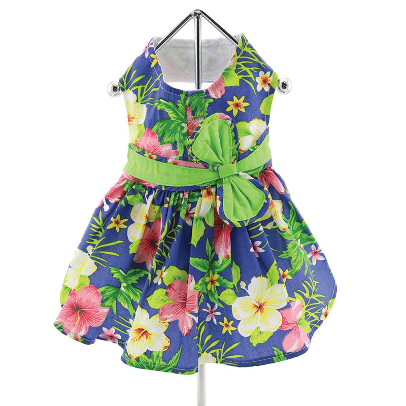 Blue Hibiscus Dog Dress w/Leash and D Ring