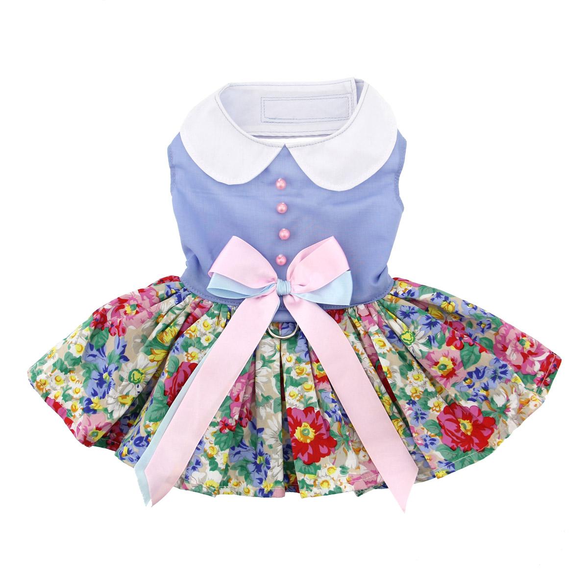 Blue and White Pastel Pearls Floral Dress with Matching Leash and D Ring