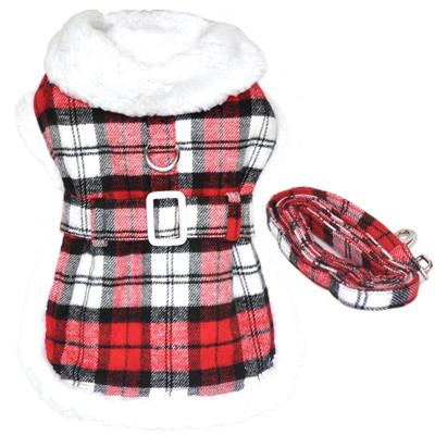 Sherpa Line Dog Harness Coat - Red and White Plaid with Matching Leash