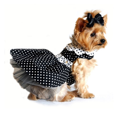Black and White Polka Dot Dog Dress w/Leash and D Ring