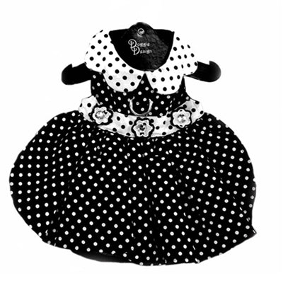 Black and White Polka Dot Dog Dress w/Leash and D Ring