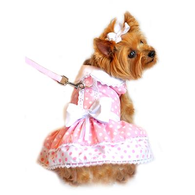 Pink Polka Dot and Lace Dog Dress Set w/Leash and D Ring