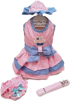 Ice Cream Blue and Pink Gingham Dog Dress, 4 Piece Set