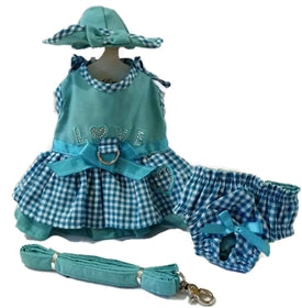 LOVE Teale and White Gingham Dog Dress, 4 Piece Set